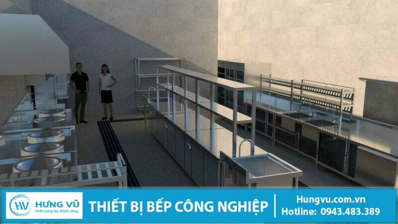 bản vẽ 3D thiết kế không gian bếp nhà hàng - Hưng Vũ